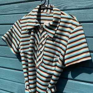Vintage mini dress tie waist striped blue brown